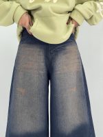 شلوار جین زنانه سوپر بگ سرمه ای با سنگشور کرم