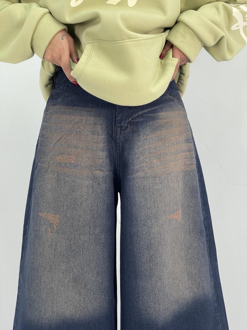 شلوار جین زنانه سوپر بگ سرمه ای با سنگشور کرم