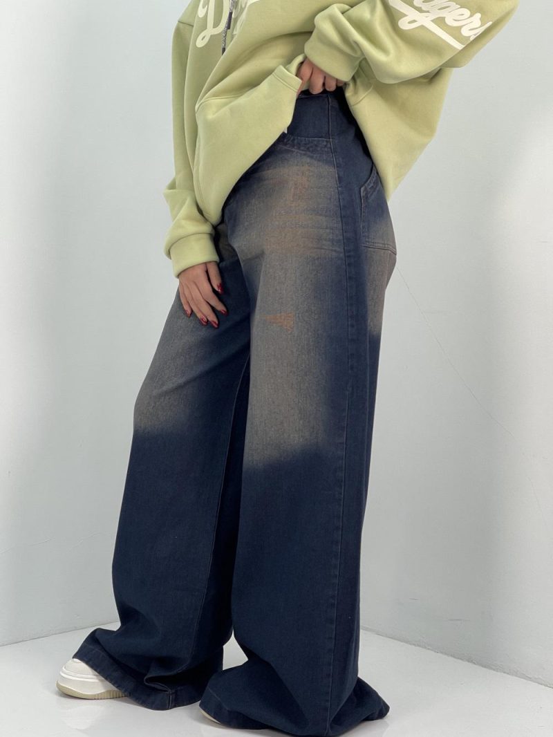 شلوار جین زنانه سوپر بگ سرمه ای با سنگشور کرم