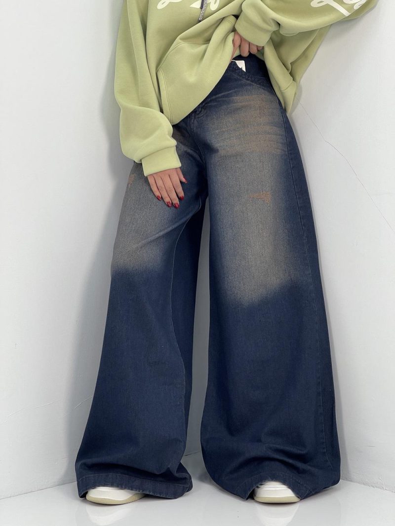 شلوار جین زنانه سوپر بگ سرمه ای با سنگشور کرم