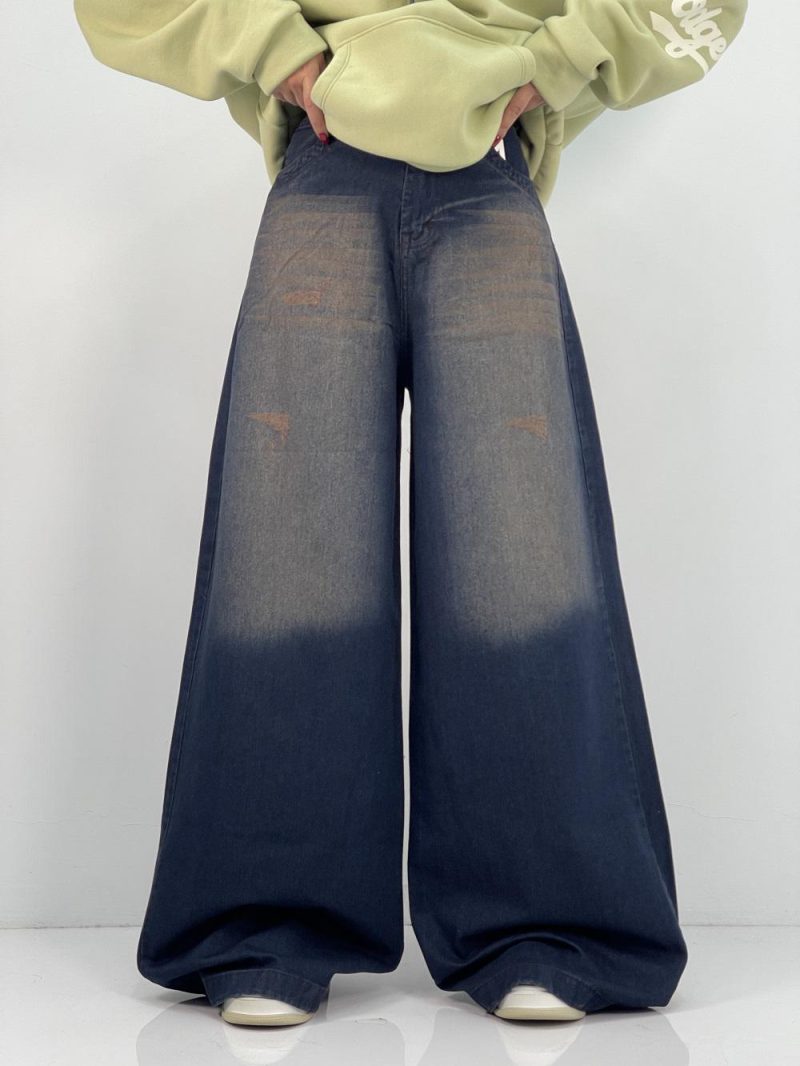 شلوار جین زنانه سوپر بگ سرمه ای با سنگشور کرم