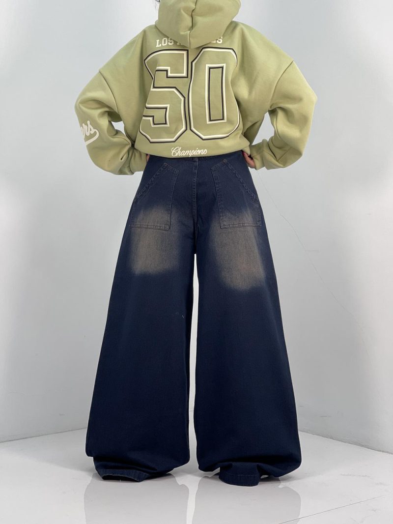 شلوار جین زنانه سوپر بگ سرمه ای با سنگشور کرم