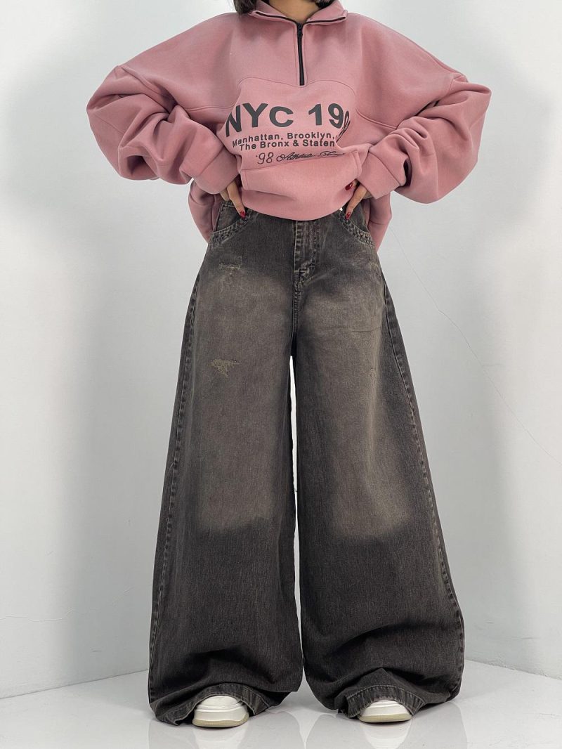 شلوار جین زنانه سوپر بگ زغالی با سنگشور کرم قهوه ای