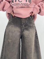 شلوار جین زنانه سوپر بگ زغالی با سنگشور کرم قهوه ای