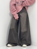 شلوار جین زنانه سوپر بگ زغالی با سنگشور کرم قهوه ای