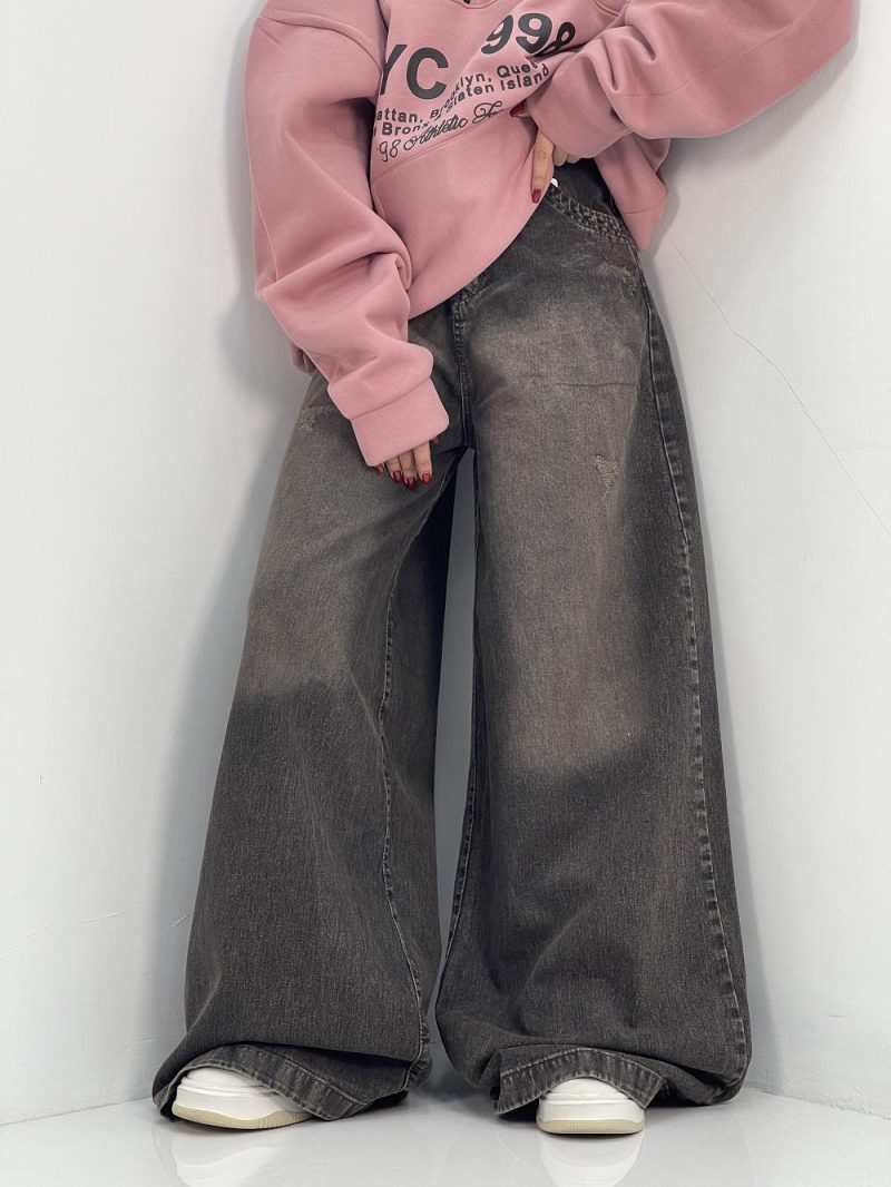 شلوار جین زنانه سوپر بگ زغالی با سنگشور کرم قهوه ای