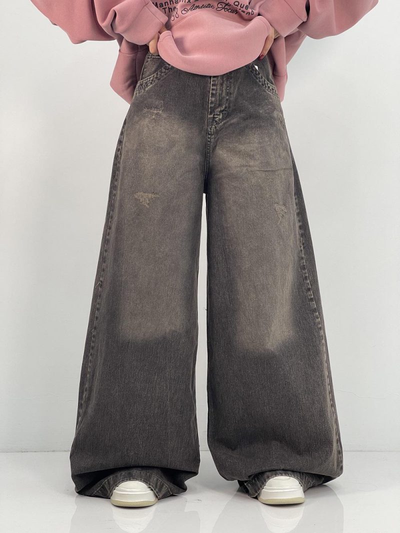 شلوار جین زنانه سوپر بگ زغالی با سنگشور کرم قهوه ای