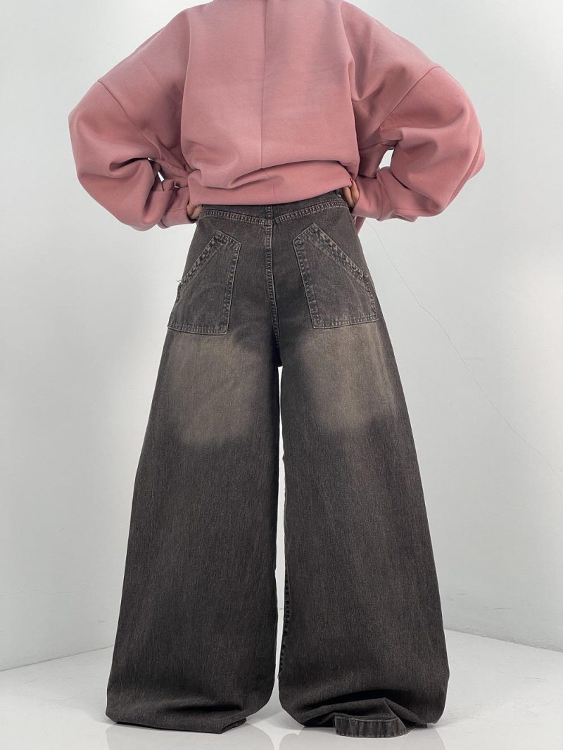 شلوار جین زنانه سوپر بگ زغالی با سنگشور کرم قهوه ای