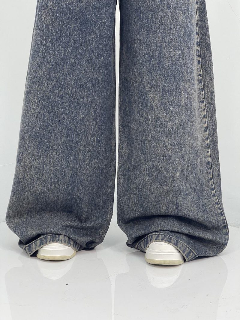 شلوار جین زنانه سوپر بگ سرمه ای با ترکیب کرم خاکی