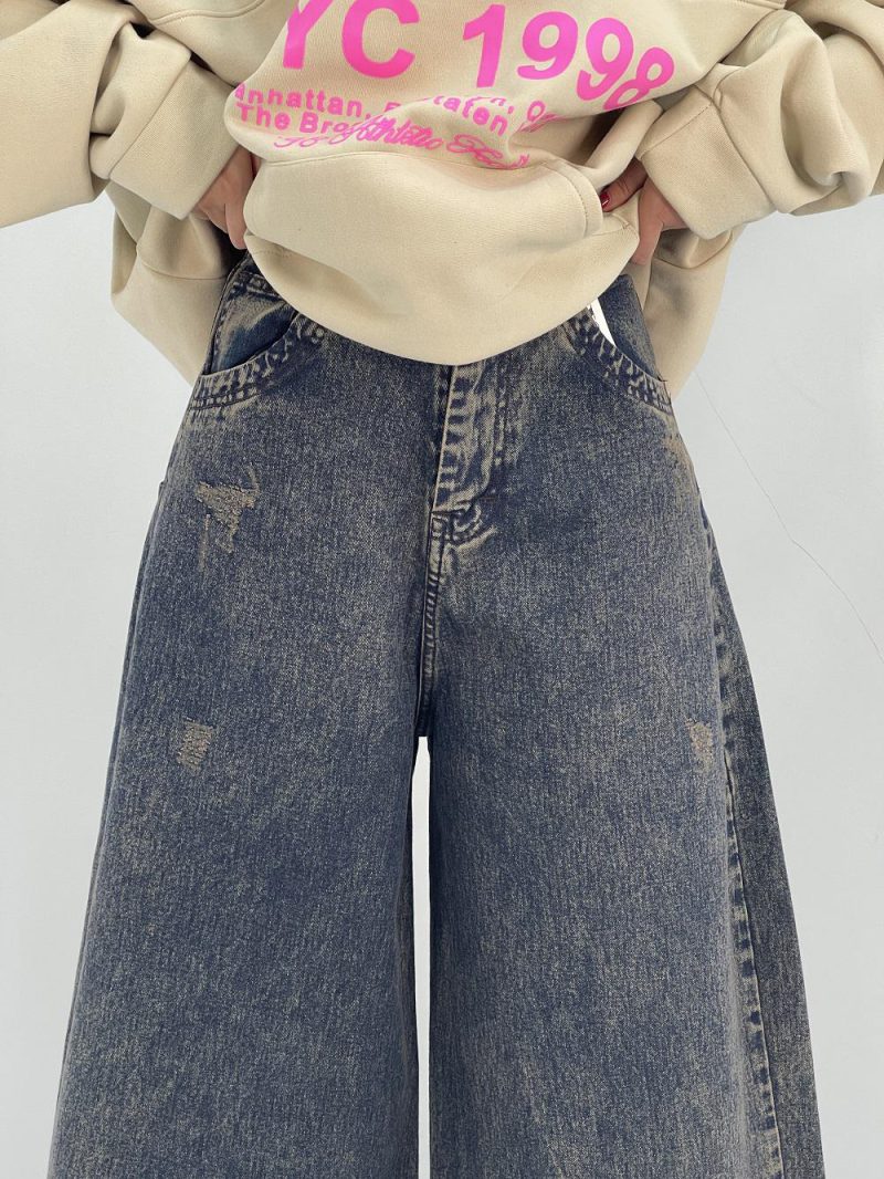 شلوار جین زنانه سوپر بگ سرمه ای با ترکیب کرم خاکی