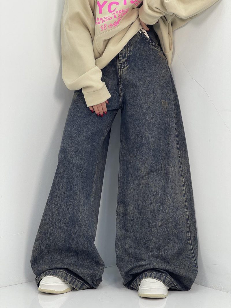 شلوار جین زنانه سوپر بگ سرمه ای با ترکیب کرم خاکی