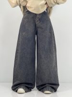 شلوار جین زنانه سوپر بگ سرمه ای با ترکیب کرم خاکی