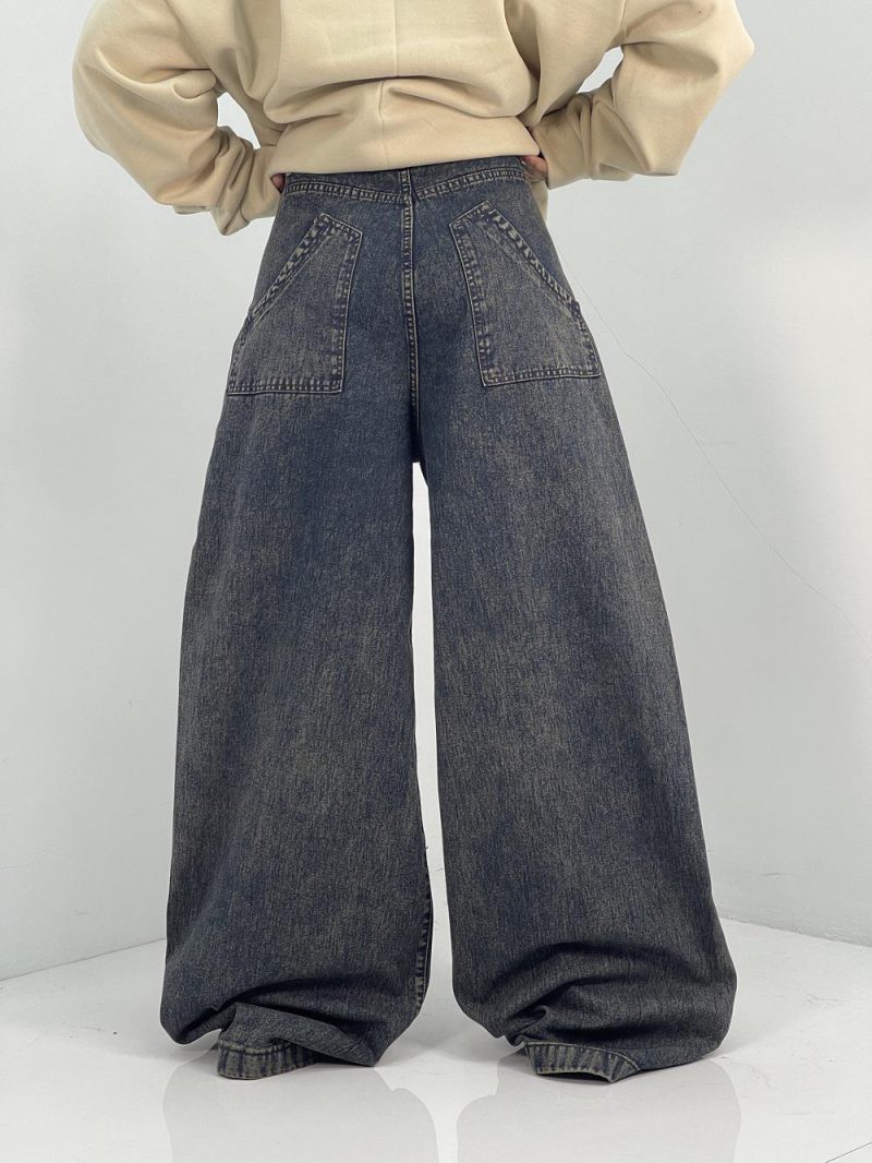 شلوار جین زنانه سوپر بگ سرمه ای با ترکیب کرم خاکی