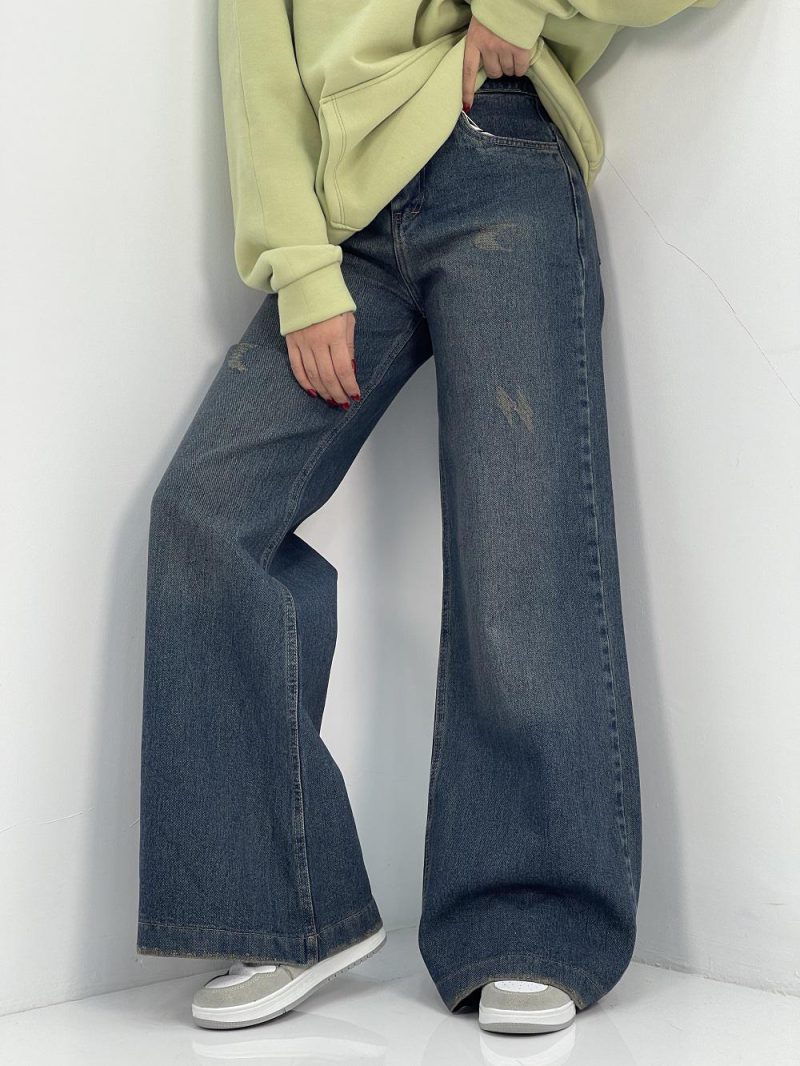 شلوار جین زنانه واید بلند آبی تیره