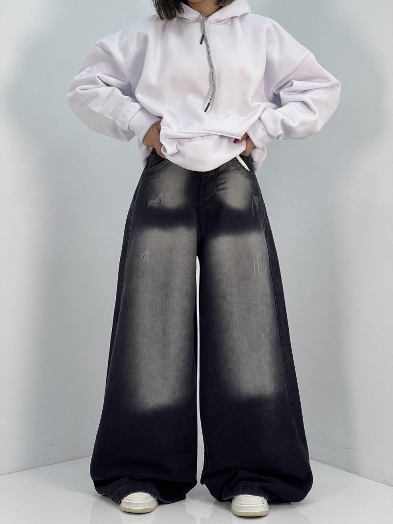 شلوار جین زنانه سوپر بگ مشکی با سنگشور سفید