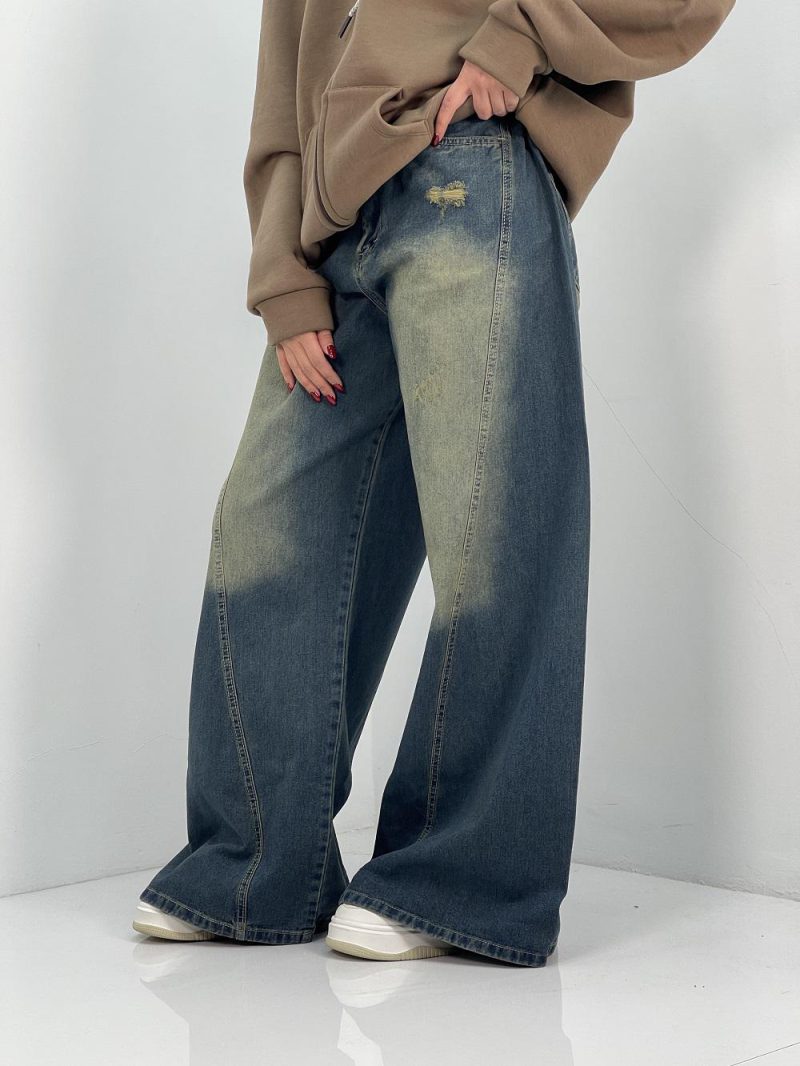 شلوار جین زنانه شافل آبی با سنگشور سبز سایز بزرگ