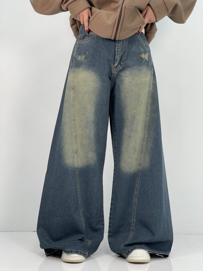 شلوار جین زنانه شافل آبی با سنگشور سبز سایز بزرگ