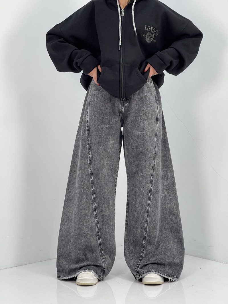 شلوار جین زنانه شافل طوسی سایز بزرگ