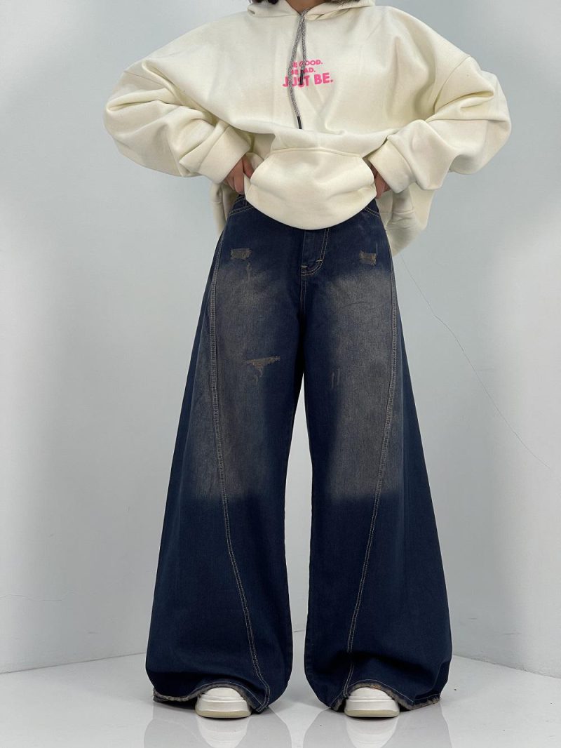 شلوار جین زنانه شافل سرمه ای سایز بزرگ