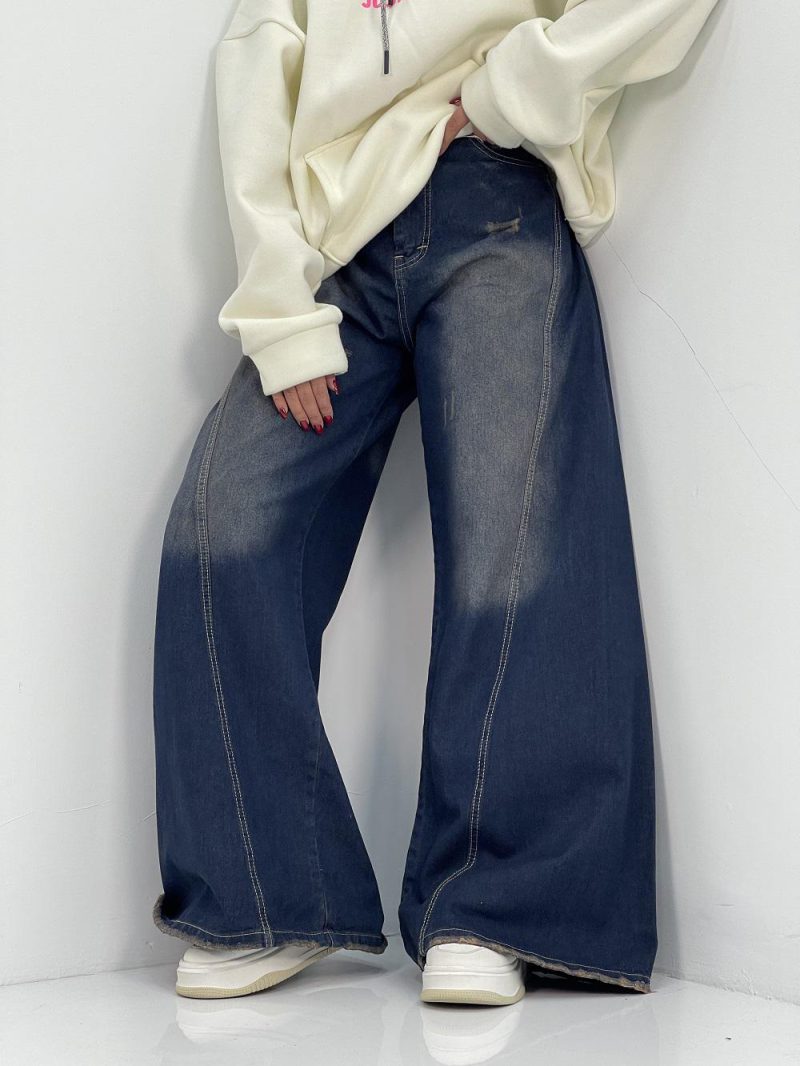 شلوار جین زنانه شافل سرمه ای سایز بزرگ
