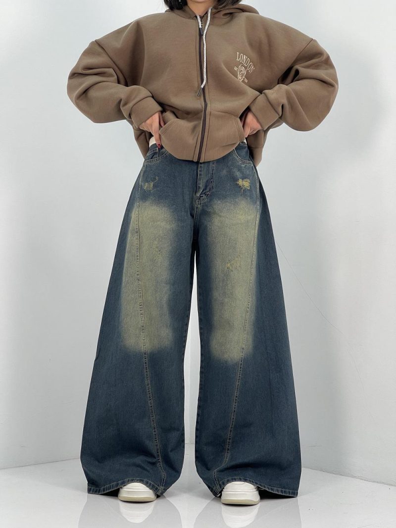 شلوار جین زنانه شافل آبی با سنگشور سبز سایز بزرگ