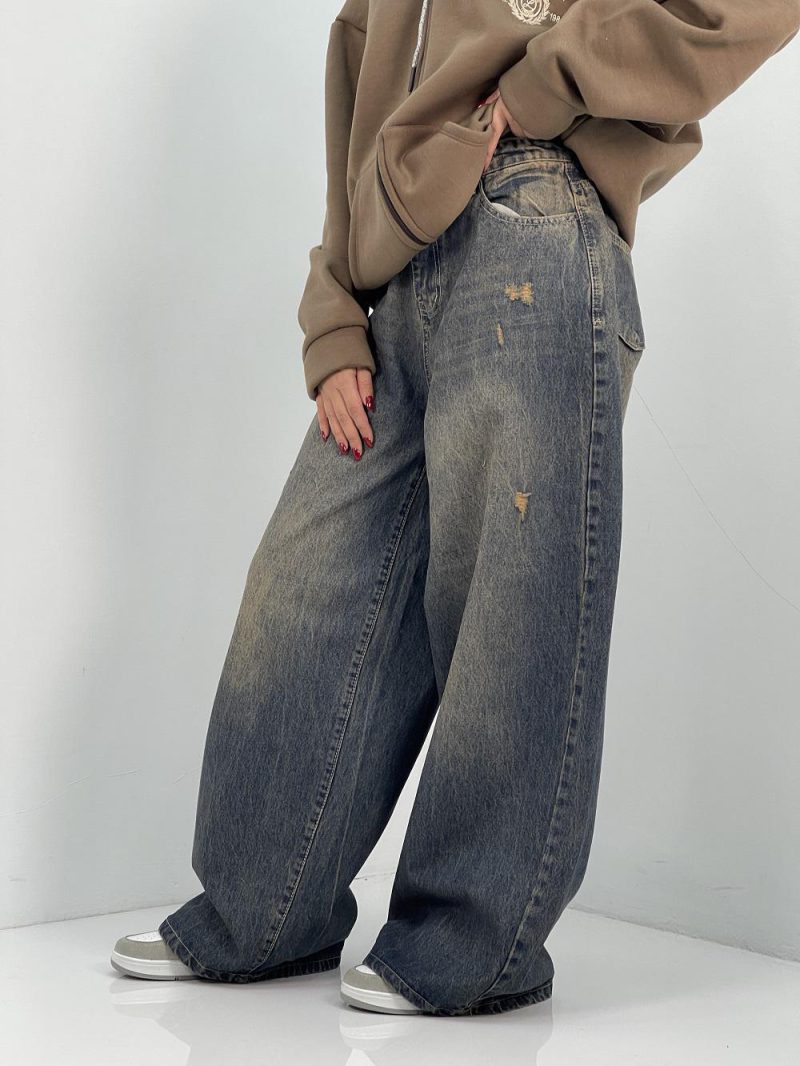 شلوار جین زنانه سوپر بگ بالون سنگشور کرم قهوه ای