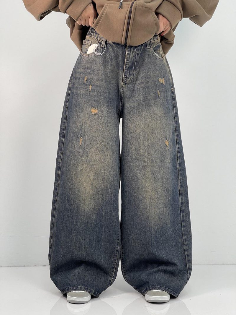 شلوار جین زنانه سوپر بگ بالون سنگشور کرم قهوه ای