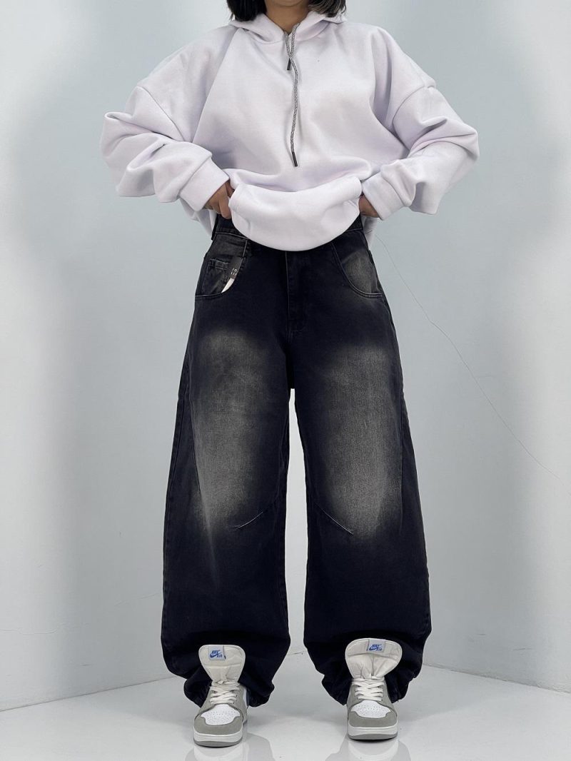 شلوار جین زنانه بالونی زغالی با سنگشور سفید