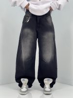 شلوار جین زنانه بالونی زغالی با سنگشور سفید