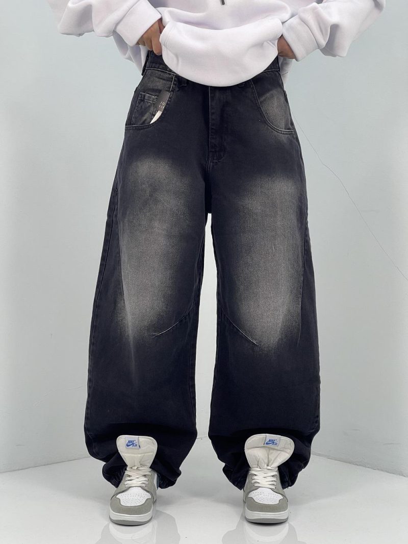 شلوار جین زنانه بالونی زغالی با سنگشور سفید