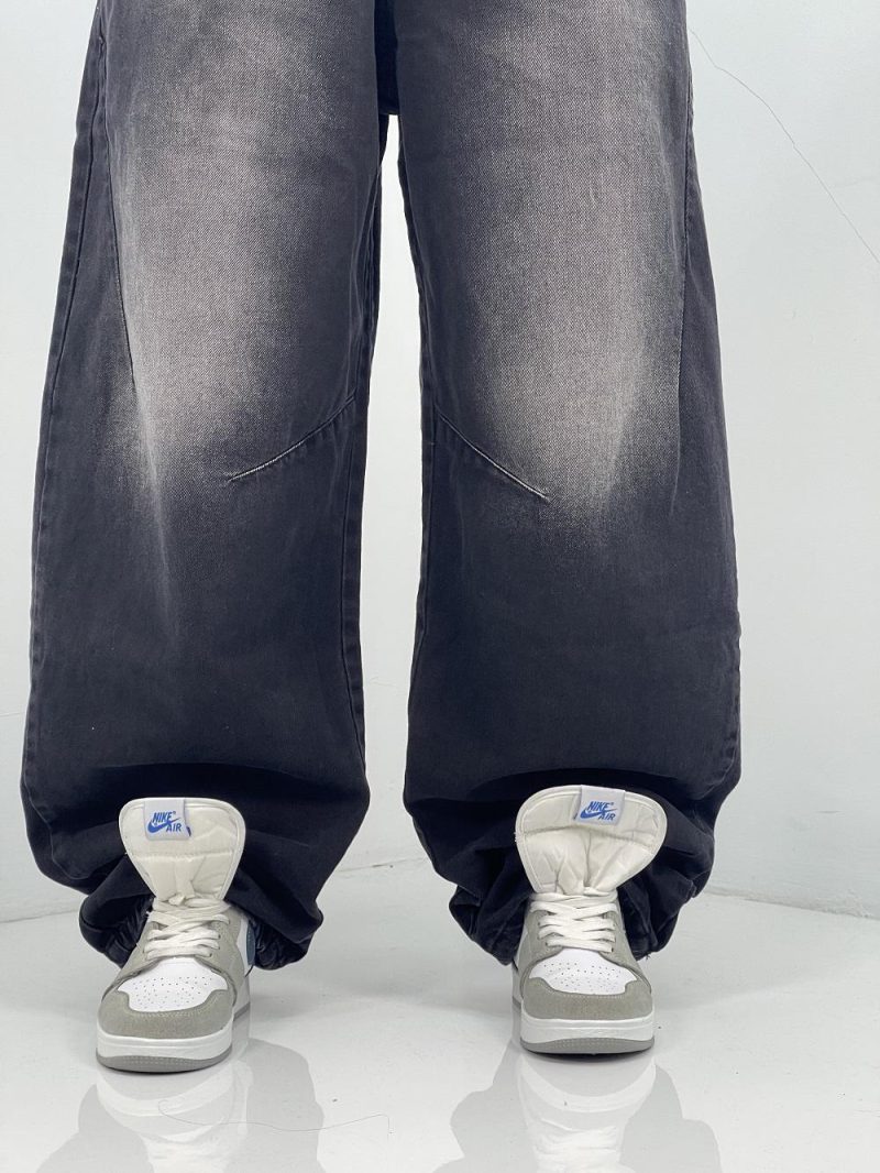 شلوار جین زنانه بالونی زغالی با سنگشور سفید