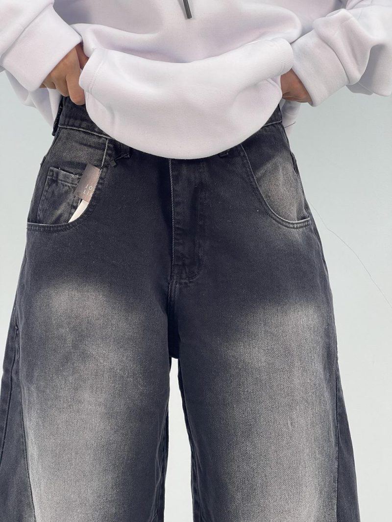 شلوار جین زنانه بالونی زغالی با سنگشور سفید