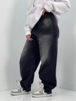 شلوار جین زنانه بالونی زغالی با سنگشور سفید