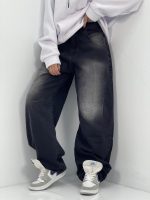 شلوار جین زنانه بالونی زغالی با سنگشور سفید