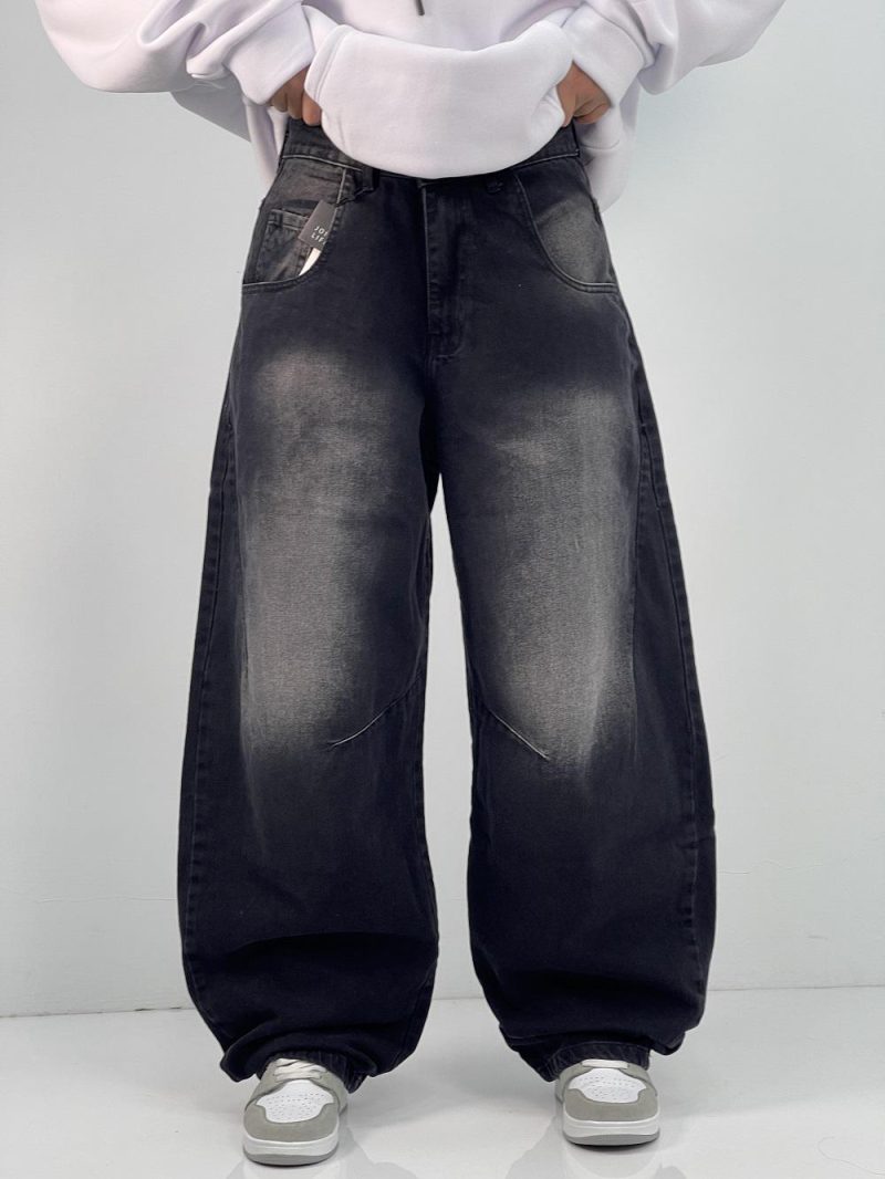 شلوار جین زنانه بالونی زغالی با سنگشور سفید