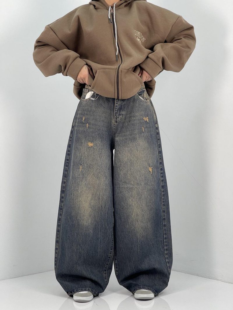 شلوار جین زنانه سوپر بگ بالون سنگشور کرم قهوه ای