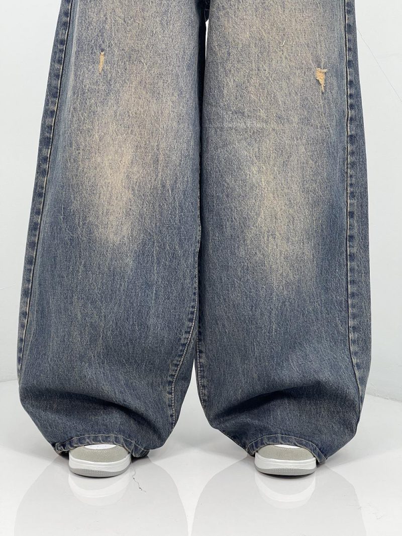 شلوار جین زنانه سوپر بگ بالون سنگشور کرم قهوه ای