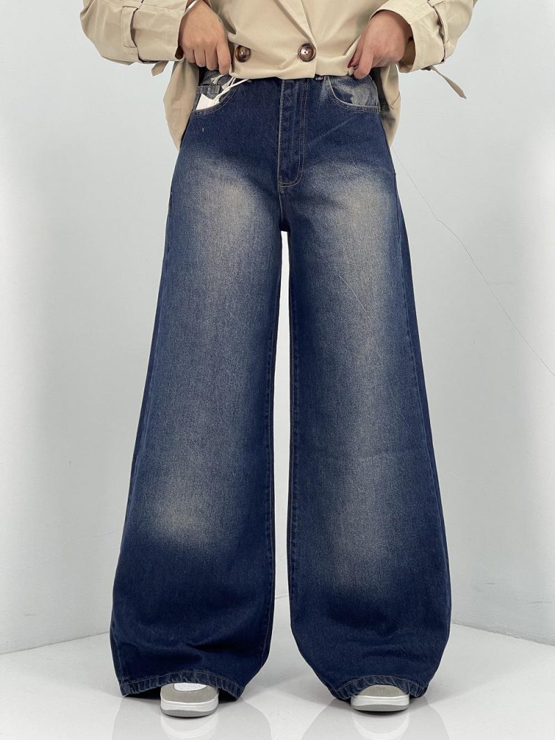 شلوار جین زنانه فول بگ سرمه ای سنگشور