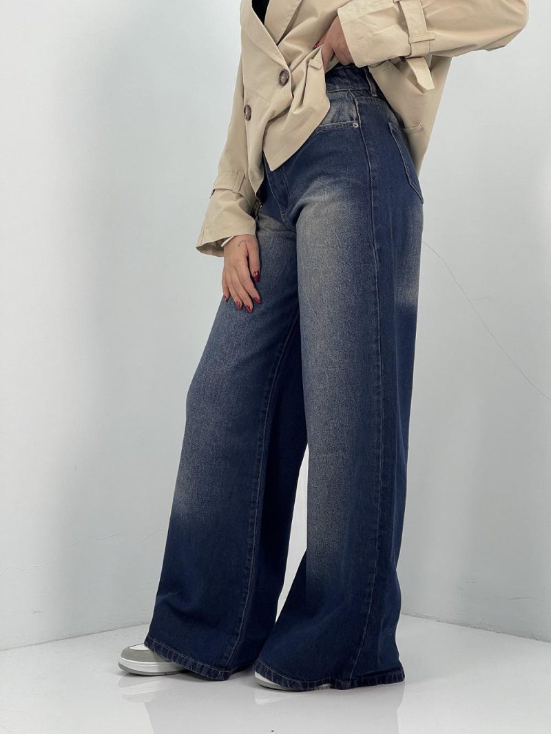 شلوار جین زنانه فول بگ سرمه ای سنگشور