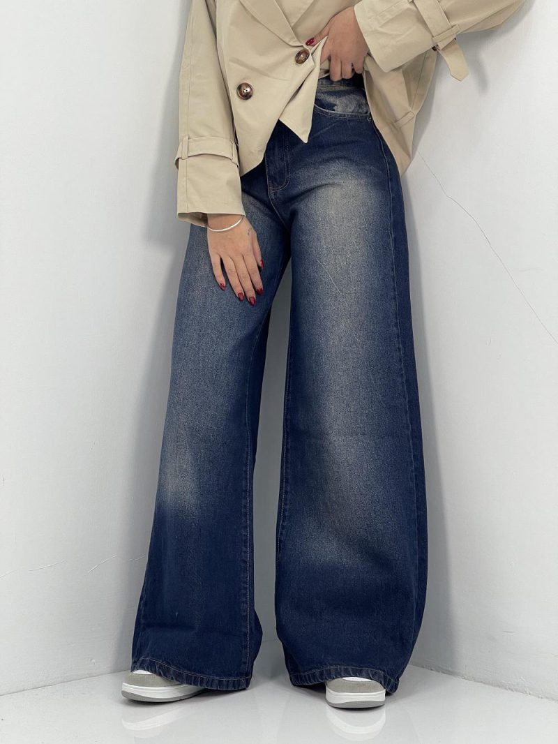 شلوار جین زنانه فول بگ سرمه ای سنگشور