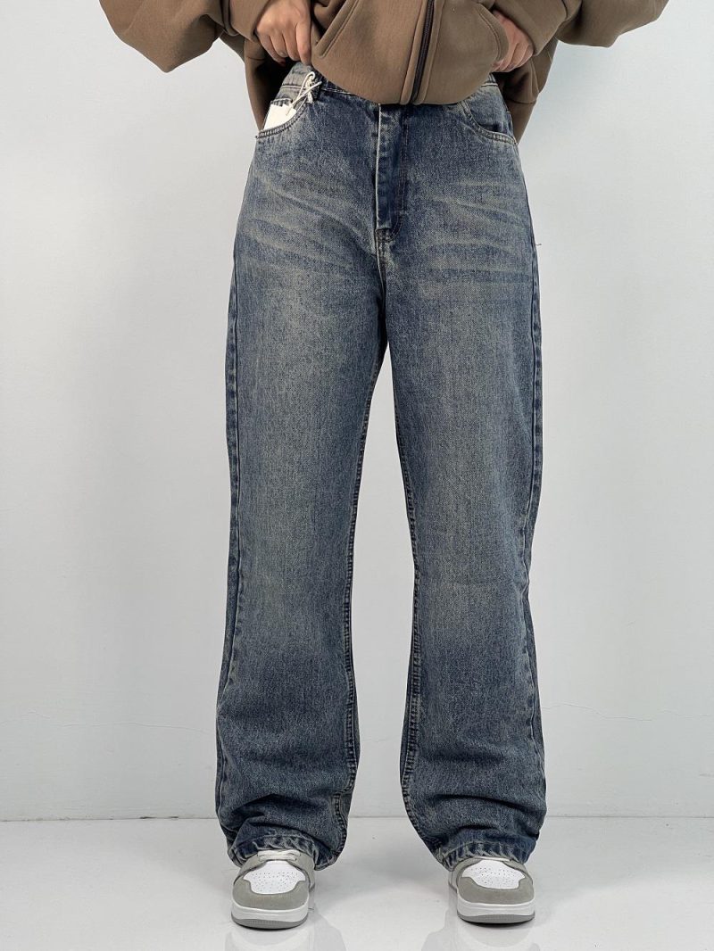 شلوار جین زنانه نیم بگ با سنگشور کرم