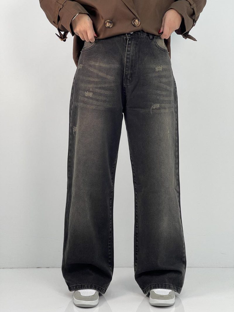 شلوار جین زنانه بگ با سنگشور قهوه ای