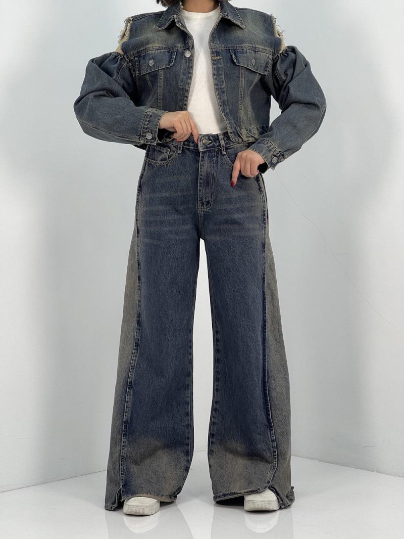 شلوار جین زنانه فول بگ با سنگشور قهوه ای