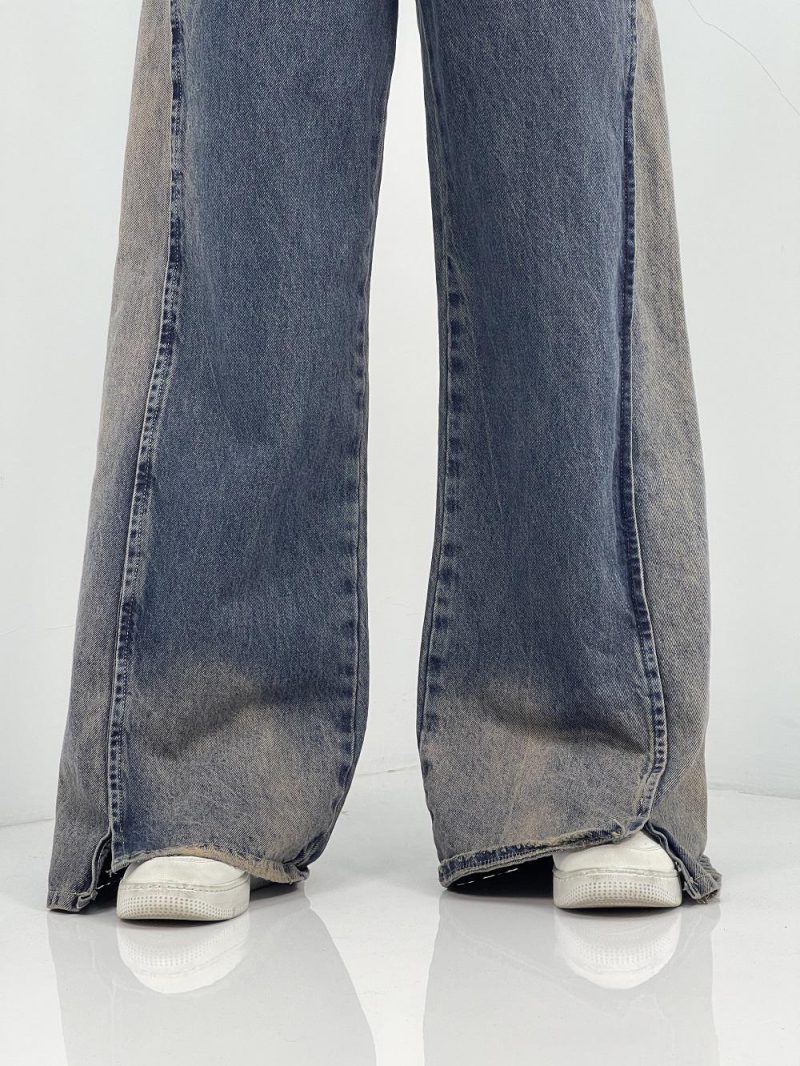 شلوار جین زنانه فول بگ با سنگشور قهوه ای