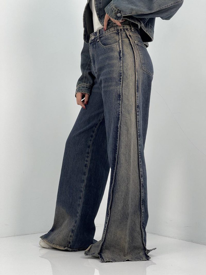 شلوار جین زنانه فول بگ با سنگشور قهوه ای