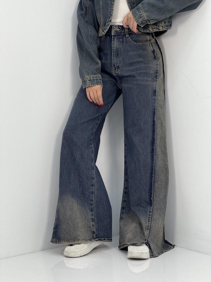 شلوار جین زنانه فول بگ با سنگشور قهوه ای