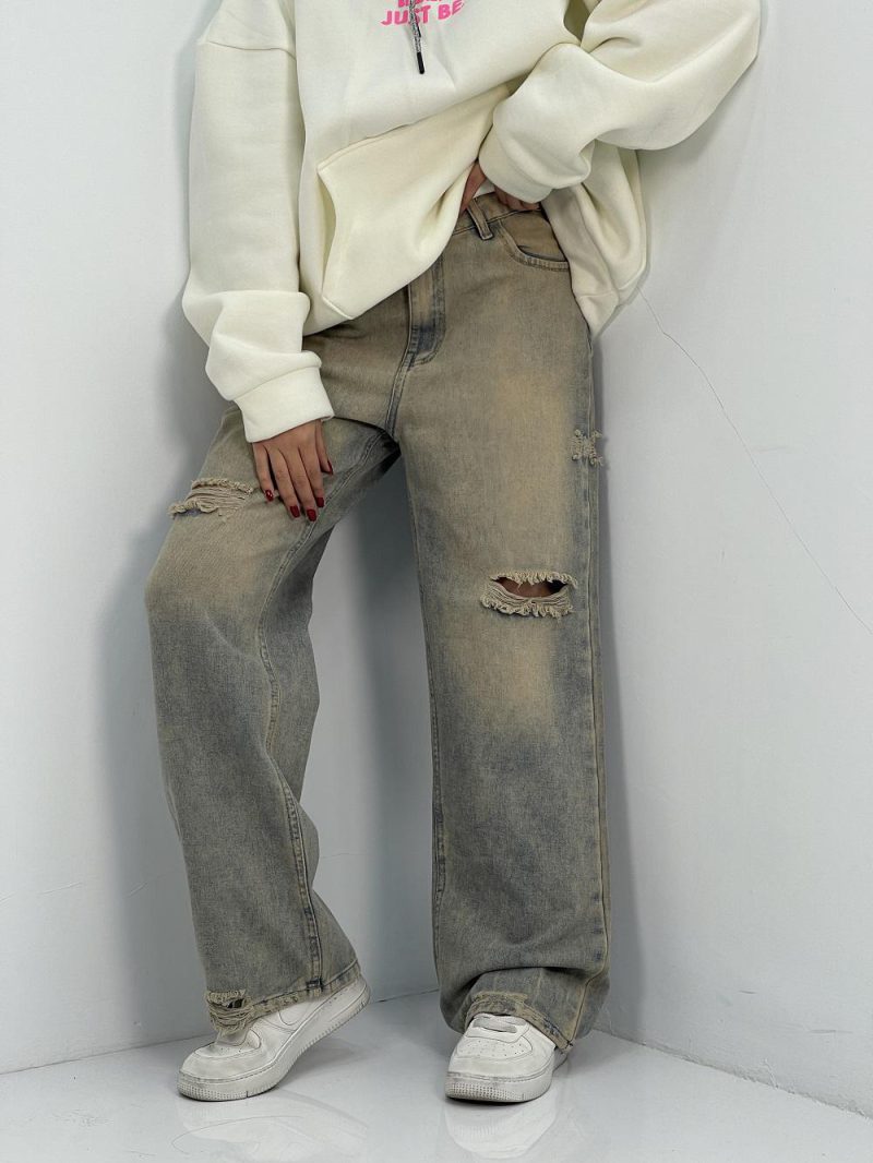 شلوار جین زنانه نیم بگ سنگشور کرم