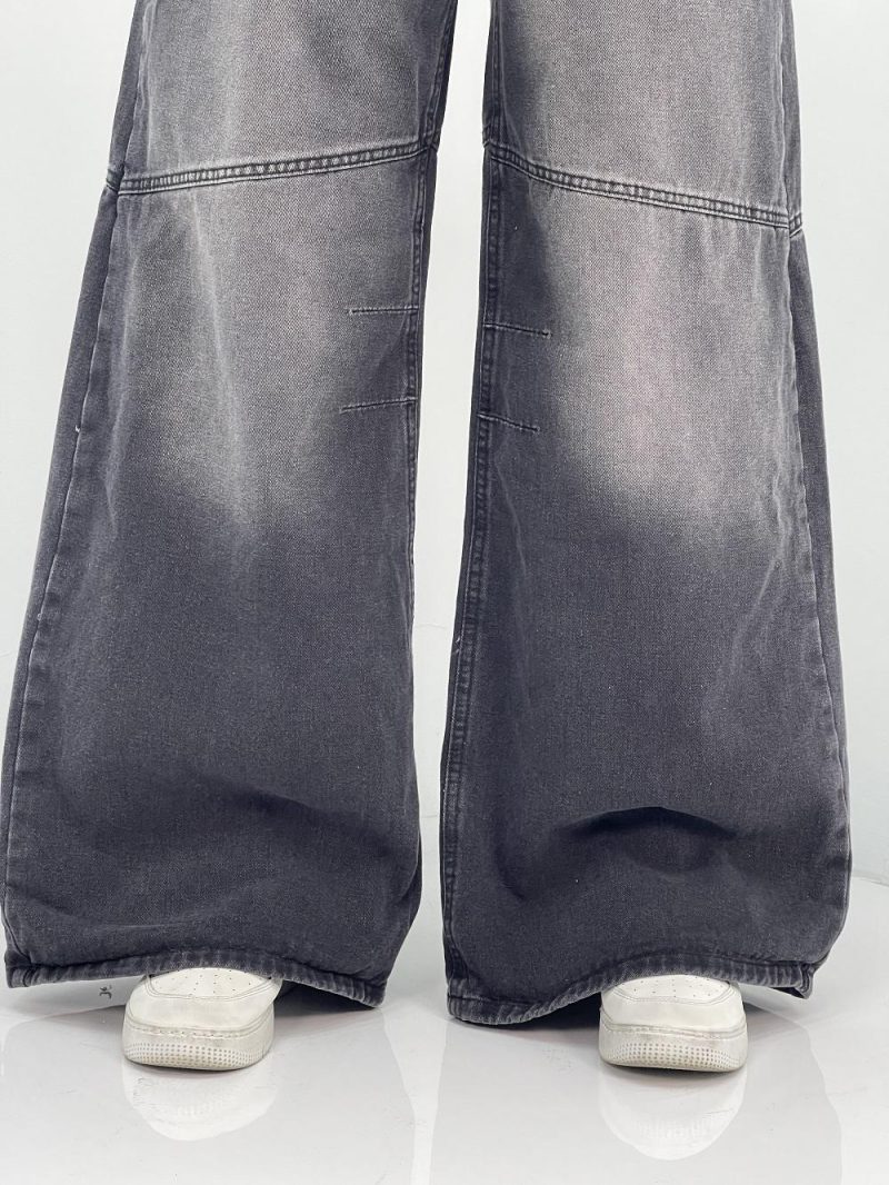 شلوار جین زنانه فول بگ زغالی با سنگشور صدفی