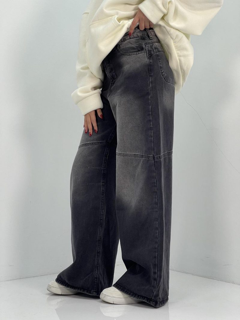 شلوار جین زنانه فول بگ زغالی با سنگشور صدفی