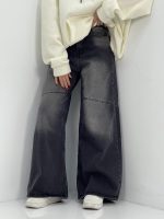 شلوار جین زنانه فول بگ زغالی با سنگشور صدفی